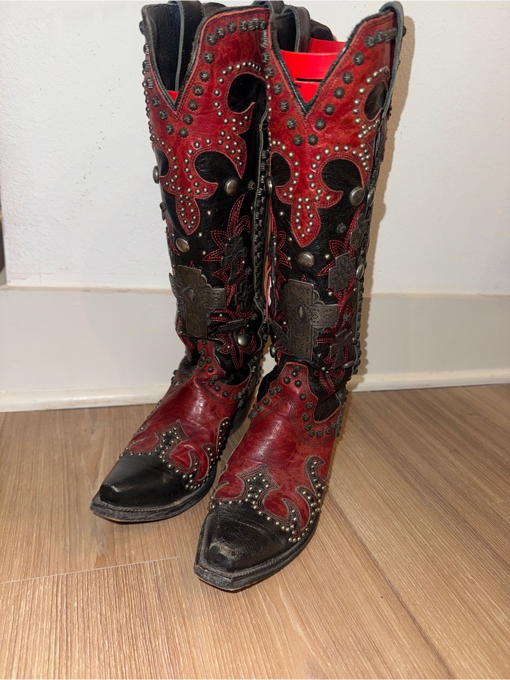 DOUBLE D RANCH Red and Black Studded Western Knee-High COWBOY Boots